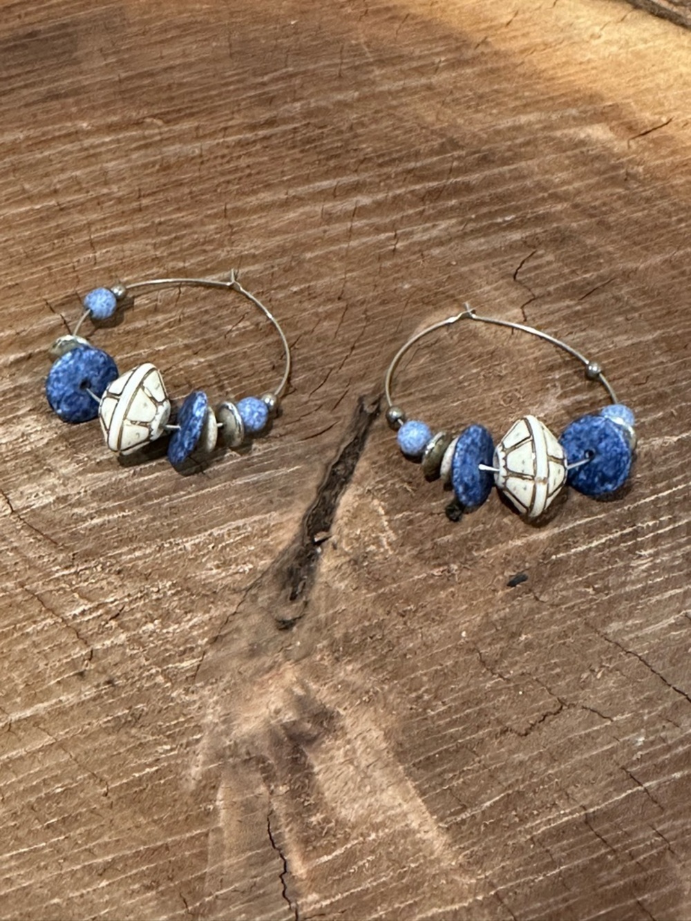 Blue Beaded Hoop Earrings with White Accent Beads